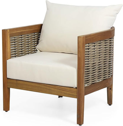Merax 4-Piece Outdoor Acacia Wood Wicker Conversation Set with Loveseat,Club Chairs and Coffetable for Backyard Garden