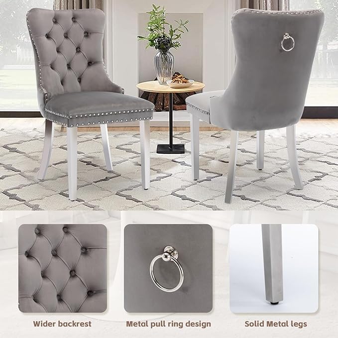 SoarFlash Kitchen Table and Chairs for 2, 31.5" Dining Table Set for 2 with Velvet Upholstered Chairs, 3 Piece Round Kitchen Table Set, Dining Room Table Set for Small Space, Apartment, Grey/White