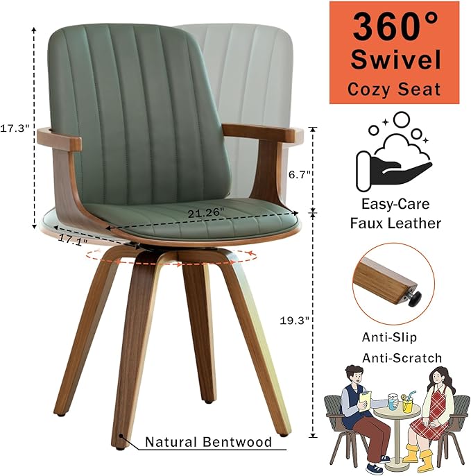 MCM Dining Chairs, Set of 2 Mid Century Modern Chairs with Walnut Craftsmanship, Upholstered Faux Leather, Wooden Arms and Legs, Faux Leather Dining Chairs for Kitchen/Living Room - Green