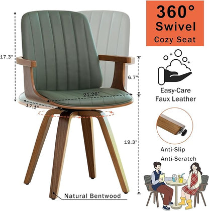 MCM Dining Chairs, Set of 6 Mid Century Modern Chairs with Walnut Craftsmanship, Upholstered Faux Leather, Wooden Arms and Legs, Faux Leather Dining Chairs for Kitchen/Living Room - Green