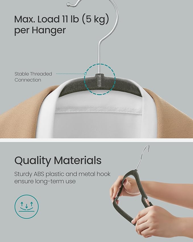 SONGMICS Velvet Hangers 50 Pack, Non-Slip Clothes Hangers, 17 x 8.3 Inches, Coat Hangers with Wide Shoulder Notches, Pants Bar, 360° Swivel Hook, Space-Saving, for Closet, Gray UCRF039G02