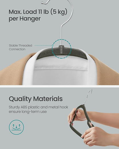 SONGMICS Velvet Hangers 50 Pack, Non-Slip Clothes Hangers, 17 x 8.3 Inches, Coat Hangers with Wide Shoulder Notches, Pants Bar, 360° Swivel Hook, Space-Saving, for Closet, Gray UCRF039G02