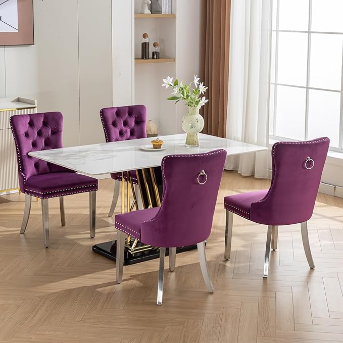 Luxury Upholstered Dining Chairs Set of 4, Purple Kitchen Chair with Silver Metal Legs, Velvet Tufted Back Dining Chair, Sillas de Comedor, Modern Kitchen & Dining Room Chairs (Purple, 4 Pcs)