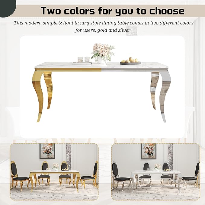 7-Piece Dining Table Set for 6, Faux Marble Modern Dining Table Set with 6 Big Oval Backrest Chairs, 70“ Stainless Steel Legs Table & Chair Set for Kitchen, Dining Room, Black & Silver