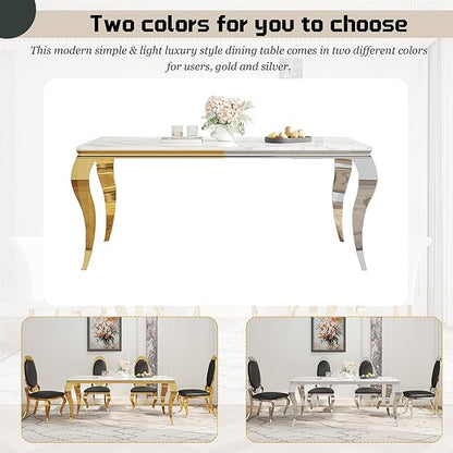 7-Piece Dining Table Set for 6, Faux Marble Modern Dining Table Set with 6 Big Oval Backrest Chairs, 70“ Stainless Steel Legs Table & Chair Set for Kitchen, Dining Room, Black & Silver