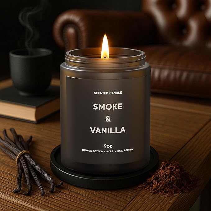 Smoke ＆ Vanilla Candle, 9oz Scented Candle for Men, Scented Candles for Home, Gifts for Men, Personalized Blessing Minimalist Men's Gifts