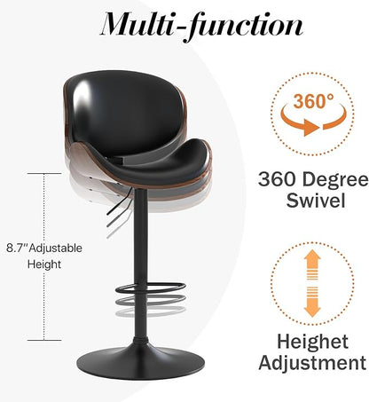 Adjustable Swivel Bar Stools 1 PC, Modern Bentwood Barstool with Large Metal Base and Footrest, PU Leather Upholstered Bar Chair with Curved Back for Kitchen Island Dining Room, Black