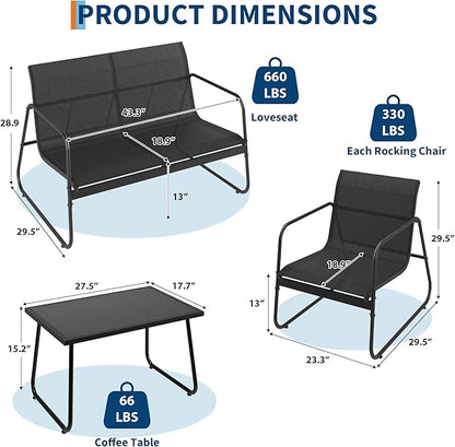 GarveeLife 4Pcs Textilene Conversation Set with 2 Chairs, Patio Conversation Set with Single Chairs and Glass Top Coffee Table, Textilene Furniture Set with Love Seat