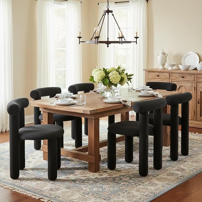 DUOMAY Modern Black Boucle Dining Chairs Set of 6, Sherpa Upholstered Kitchen Chairs Armless Barrel Back Dining Chair, Living Dining Room Chairs, Reception
