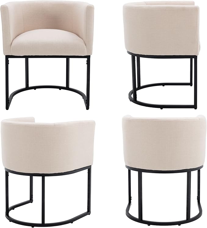 Linen Fabric Dining Chairs Set of 2 - Modern Barrel Arm Chair With Black Frame, Upholstered Kitchen Seat 18.5" Wide for Living Room, Restaurant, Cream