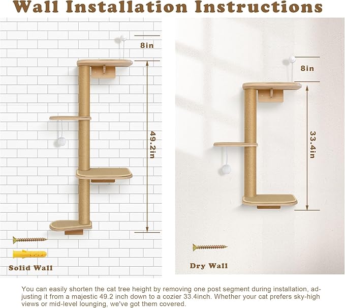 Cat Wall Shelves & Climber for Kittens – 4-Level Wall Mounted Cat Tree with Natural Sisal Pads, Adjustable Tower for Indoor Cats Up to 30lbs, Cat Wall Furniture System