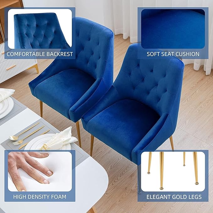 Modern Dining Chair Set of 4, Mid-Century Room Chair, Upholstered Comfortable Velvet with Back Pull Rod and Metal Legs for Kitchen, Dining, Living (Blue) (DYXSD)