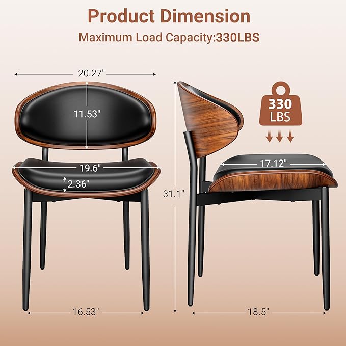 Dining Chairs Set of 8, Dining Room and Kitchen Chairs, Mid Century Modern Retro Chair, Upholstered PU Leather Chairs for Vanity with Walnut Bentwood and Metal Legs (Black)