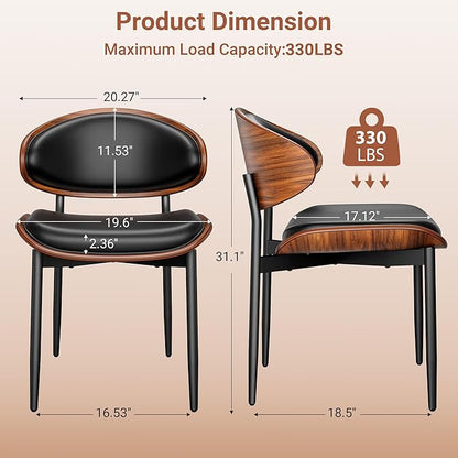 Dining Chairs Set of 4, Dining Room and Kitchen Chairs, Mid Century Modern Retro Chair, Upholstered PU Leather Chairs for Vanity with Walnut Bentwood and Metal Legs (Black)