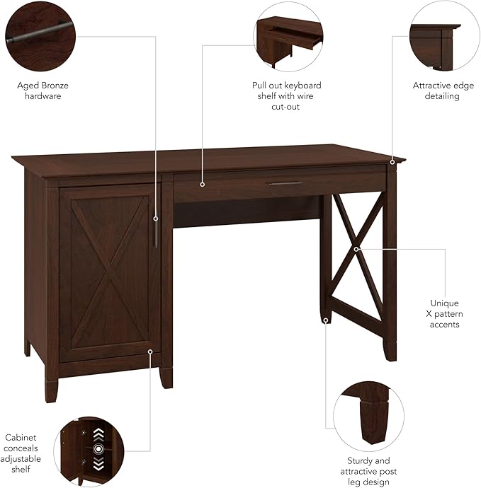 Bush Furniture Key West Computer Desk with Storage | Farmhouse PC Table for Home Office in Bing Cherry | 54W x 24D