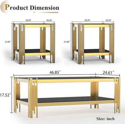 Glass Gold Coffee Table Set of 2,Modern Coffee Table and End Table w/Storage,Glass Coffee Table Set with Stainless Steel Frame,2 Pieces Living Room Table Set for Apartment Home Office