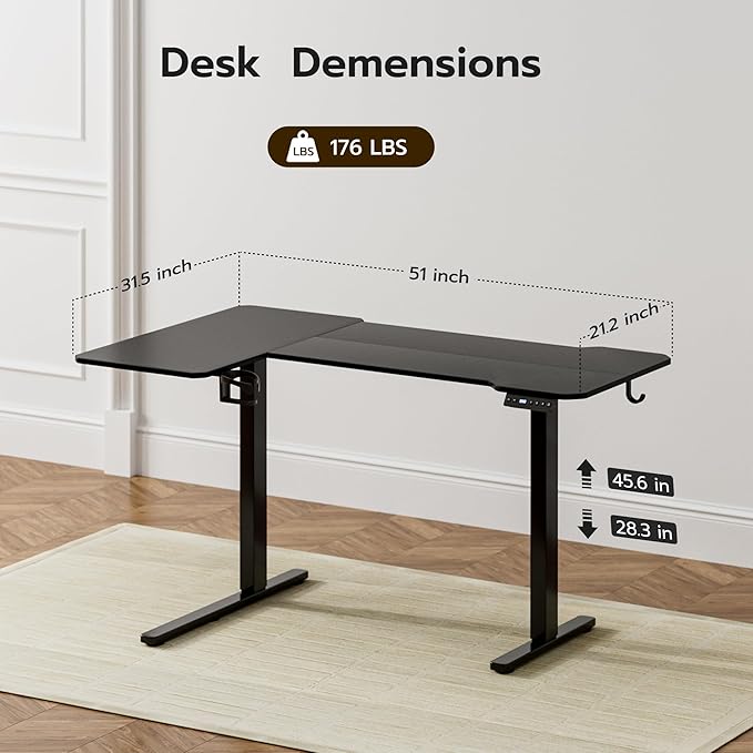 51" Reversiable L-Shaped Electric Standing Desk Adjustable Height Gaming Stand Up Corner Desk Sit Stand Home Office Computer Desk with Splice Board,Black Top