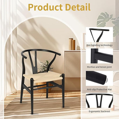 Wishbone Chair Natural Solid Wood Dining Chair/Hans Wegner Y Chair Rattan and Wood Accent Armrest Chairs - Ash Wood Chairs Set of 4 (Ash Wood - Black + Natural Color)