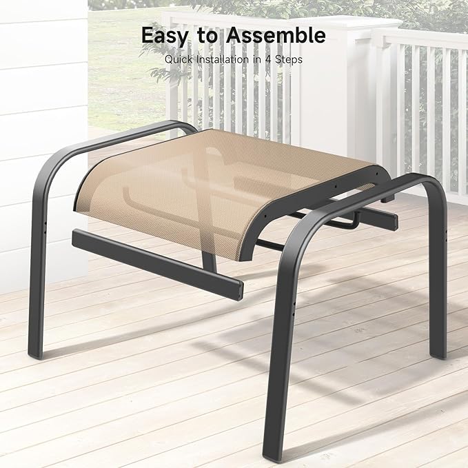 ONBRILL Outdoor Ottoman Set of 2, All Weather Outdoor Foot Stool with Supportive Textliene and Metal Frame, Stackable Oversized Outdoor Foot Rest for Furniture Patio Garden Pool, Beige