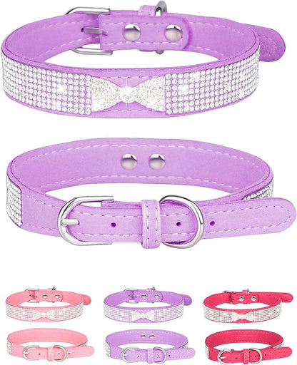 Bling Dog Collar for Small Medium Large Dogs, Crown Rhinestone Dog Collars for Girl and boy Dog, Diamond Puppy Collars, Adjustable Leather Suede SOFE Cat Collar (XS(8.2"-10.6"/21CM-27CM), Purple2)