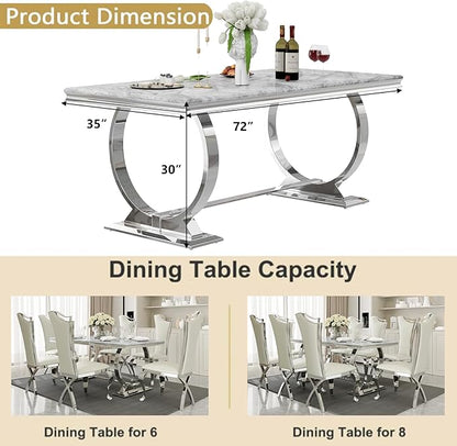 Asday 72 inch Modern Dining Room Table with Silver Stainless Steel Metal U-Base in Grey Silver