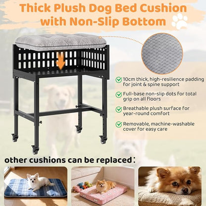 Beside Dog Bed,2 Panels Adjustable Height Dog Bunk Beds,26.8”x18.1” Metal Frame & Cushion, Converts to Bunk Bed or Bed Extension Attachment for Human Bed, for Small Dogs