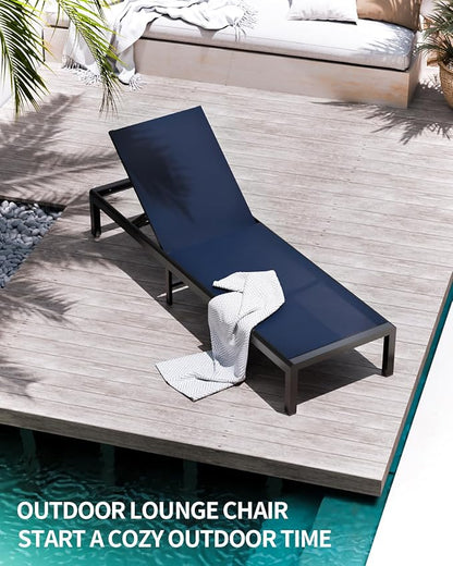 Aluminum Lounge Chairs Outdoor Chaise Furniture,2 Sets Patio Metal Deck Lounger Adjustable 5-Position Poolside Chase Recliner with Wheels for Beach,Coffee Table, (NavyBlue, 2 Chair)
