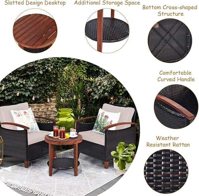 Tangkula 3 Pieces Patio Furniture Set, Outdoor Rattan Sofa and Side Table w/Solid Acacia Wood Frame, High Load Bearing Conversation Bistro Set w/Washable and Removable Cushions (Beige)