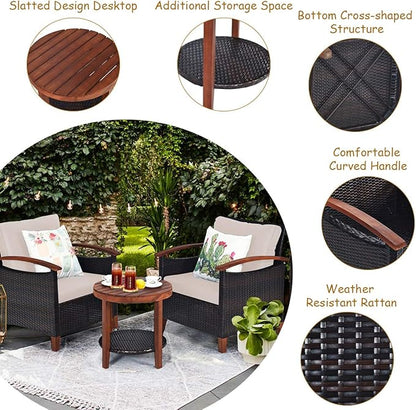 Tangkula 3 Pieces Patio Furniture Set, Outdoor Rattan Sofa and Side Table w/Solid Acacia Wood Frame, High Load Bearing Conversation Bistro Set w/Washable and Removable Cushions (Beige)