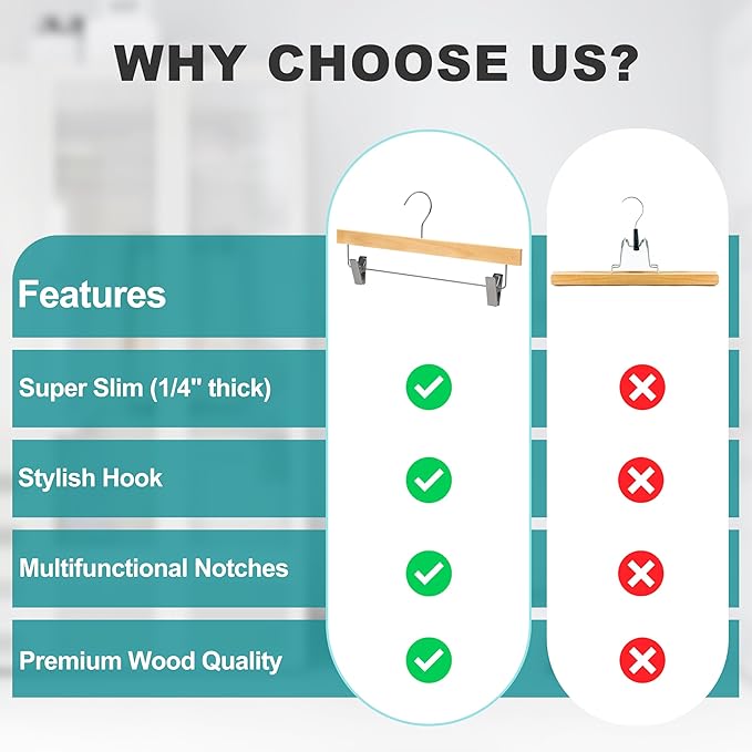 Quality Hangers 20 Pack Wooden Skirt Pant Hangers, Luxury 14" Ultra Thin Space Saving Skirt Hangers, 360 Degree Swivel Hook, Best for Pants, Skirts, Trousers, Leggings (20, Natural, Skirt/Pant)
