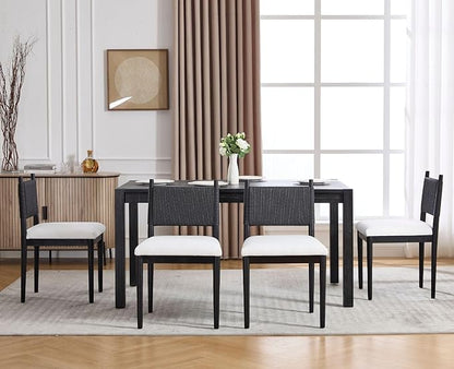 CIMOTA Black Dining Chairs Set of 6, Mid Century Modern Upholstered Dining Room Chairs with Woven Back, Armless Kitchen Chairs with Solid Wood Legs,Linen Beige