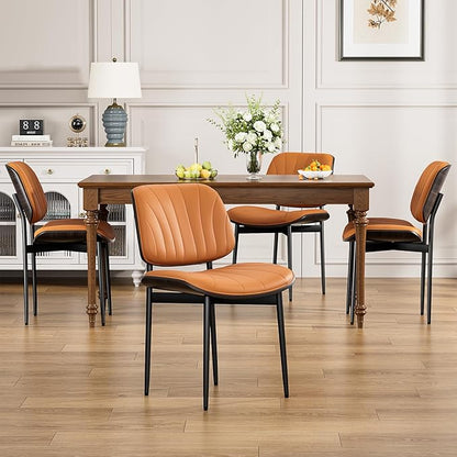 Dining Chairs Set of 2, Mid Century Modern Dining Room and Kitchen Chairs, Upholstered PU Leather Chairs with Walnut Bentwood and Metal Legs, Orange