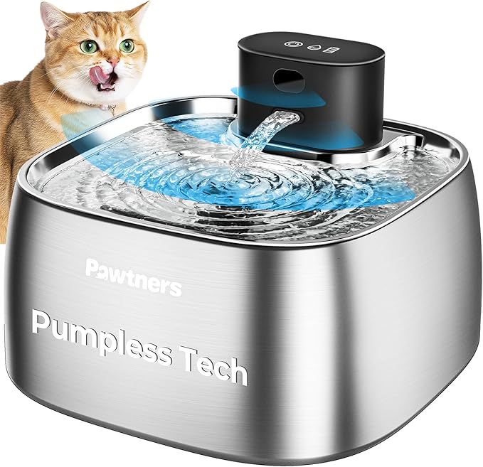 Pumpless Cat Water Fountain Stainless Steel, Automatic Cordless Cats and Dogs Water Dispenser 108oz/3.2L, Pawtners Battery Operated Pet Fountain with Smart Indicator &150° Motion Sensor