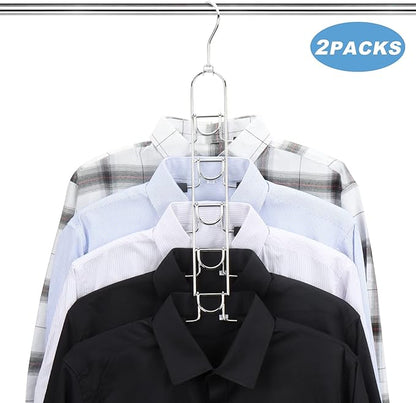 Space Saving Clothes Hangers, Multilayer Metal Hanger 2 Pack 5 in 1 Space Saver Coat Hangers, Anti-Slip Foam Padded Shirt Suit Hanger for Closet Storage Organizer