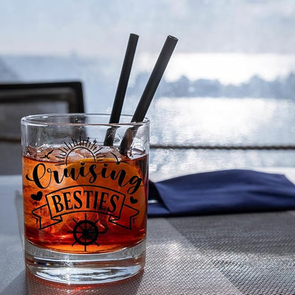 Cruise Lovers Gifts Old Fashioned Whiskey Glasses, Cruising Gifts for BFF Bestie, Cruising Besties 10 oz Rocks Barware Cup for Cocktail Drinks Scotch Bourbon Liquor