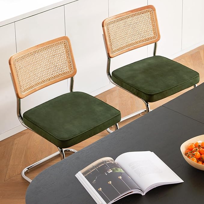 Green Rattan Dining Chairs Set of 2, Wooden Mid-Century Modern Kitchen Chairs, Mesh Back Cane Dining Room Chairs, Cesca Chair with Metal Chrome Legs