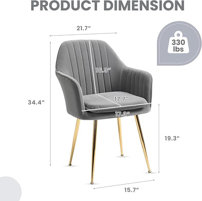 ECOTOUGE Matte Velvet Dining Chairs Set of 2, Modern Arm Chair with Golden Metal Legs, Living Room Accent Chairs for Kitchen, Grey