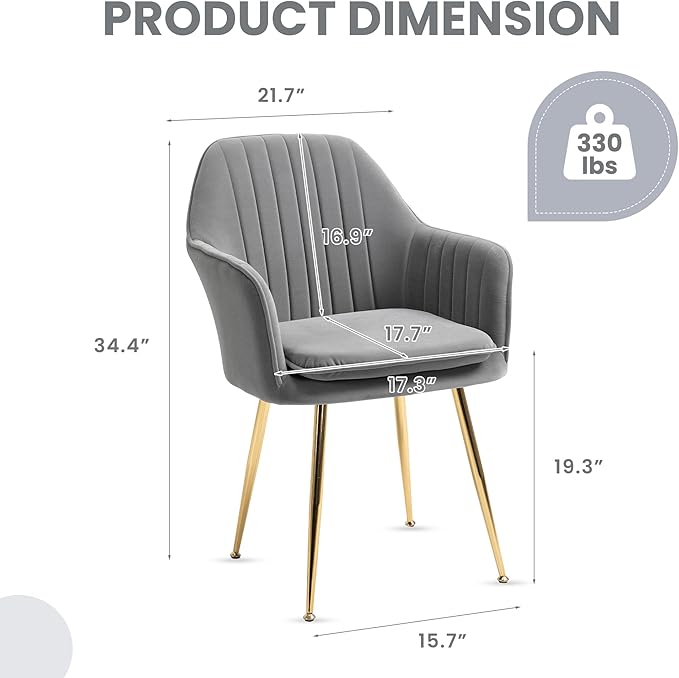 ECOTOUGE Matte Velvet Dining Chairs Set of 6, Modern Arm Chair with Golden Metal Legs, Living Room Accent Chairs for Kitchen, Grey