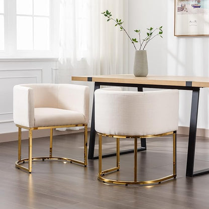 Linen Fabric Dining Chairs Set of 3 Modern Barrel Arm Chairs with Golden Frame, Upholstered Kitchen Chairs 18.5" Wide Accent Chairs for Living Room Dining Room Restaurant, Cream