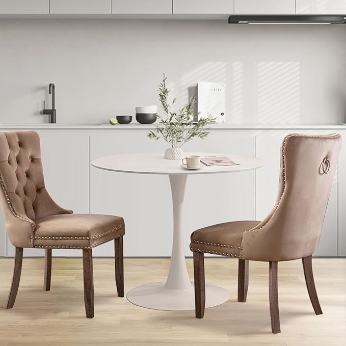 SoarFlash Kitchen Table and Chairs for 2, 31.5" Dining Table Set for 2 with Velvet Upholstered Chairs, 3 Piece Round Kitchen Table Set, Dining Room Table Set for Small Space, Apartment, Khaki/White