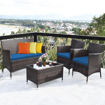 Tangkula 8 Pieces Patio Rattan Conversation Set with Tempered Glass Coffee Table & Thick Cushion, Wicker Set for Garden, Lawn, Poolside and Backyard