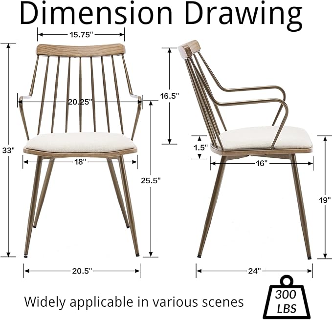 Modern Dining Chairs Set of 6, Upholstered Dining Chairs with Metal Leg, Wood Kitchen Chairs with Fence-Like Back and Curved Arm for Dining Room Kitchen Restaurant Reception (Beige)