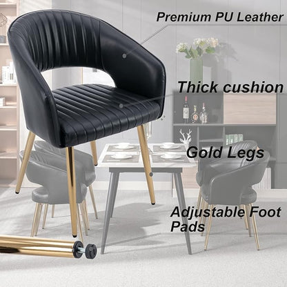 Modern Dining Chairs Set of 2, Upholstered PU Leather Gold Dining Room Chairs with Hollow Back, Accent Armrest Kitchen Chairs with Gold Legs for Living Room Black
