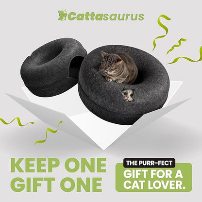 CATTASAURUS Peekaboo Cat Cave for Multiple & Large Cats Up to 30-45 Lbs, Scratch Detachable & Washable Tunnel Bed, Comfy Donut Cat Cave (Dark Gray + Dark Gray, Large)