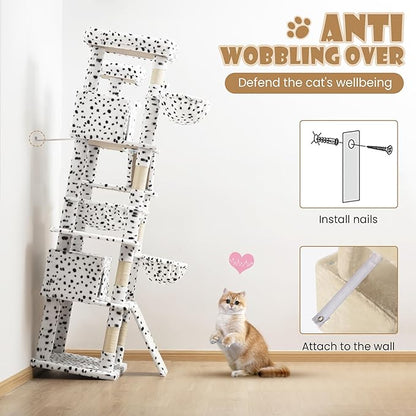 SHA CERLIN 81in Multi-Level Tall Cat Tree Tower for Indoor Kitties/Larger Cat Condo Furniture with Hammock/Cozy Pussycat Perches/Sisal Scratching Posts/Pet House/Wide Base/White & Black Spot