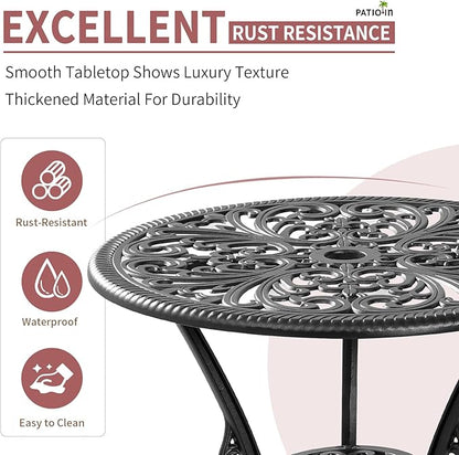 Outdoor Bistro Table and Chairs Set of 2, Outdoor Bistro Set 3 Piece with Umbrella Hole, Black Patio Bistro Sets Cast Aluminum for Balcony Porch Yard