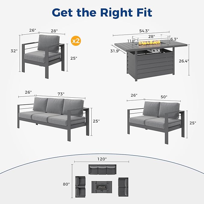 Wisteria Lane 7 Seats Aluminum Outdoor Patio Furniture Set with 54 Inch Propane Gas Fire Pit Table, Modern Patio Conversation Sets with Outdoor Sectional Couch for Backyard, Garden, Dark Grey