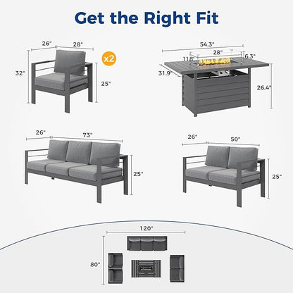 Wisteria Lane 7 Seats Aluminum Outdoor Patio Furniture Set with 54 Inch Propane Gas Fire Pit Table, Modern Patio Conversation Sets with Outdoor Sectional Couch for Backyard, Garden, Dark Grey