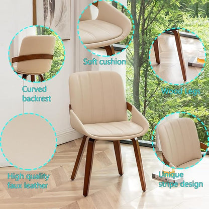 Mid Century Modern Faux Leather Upholstered Dining Chairs,Armless Accent Chairs with Sturdy Natural Wood Legs,Bamboo Backrest Support for Kitchen&Dining Room Chairs(1PCS,Beige)