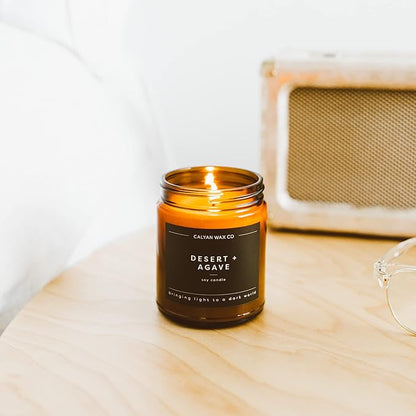 Calyan Wax Co. Desert & Agave Scented Candle - 57 Hour Burn - Luxury Non Toxic Soy Wax Candles - Long Lasting Amber Glass Jar Candle for Home - 7.2oz